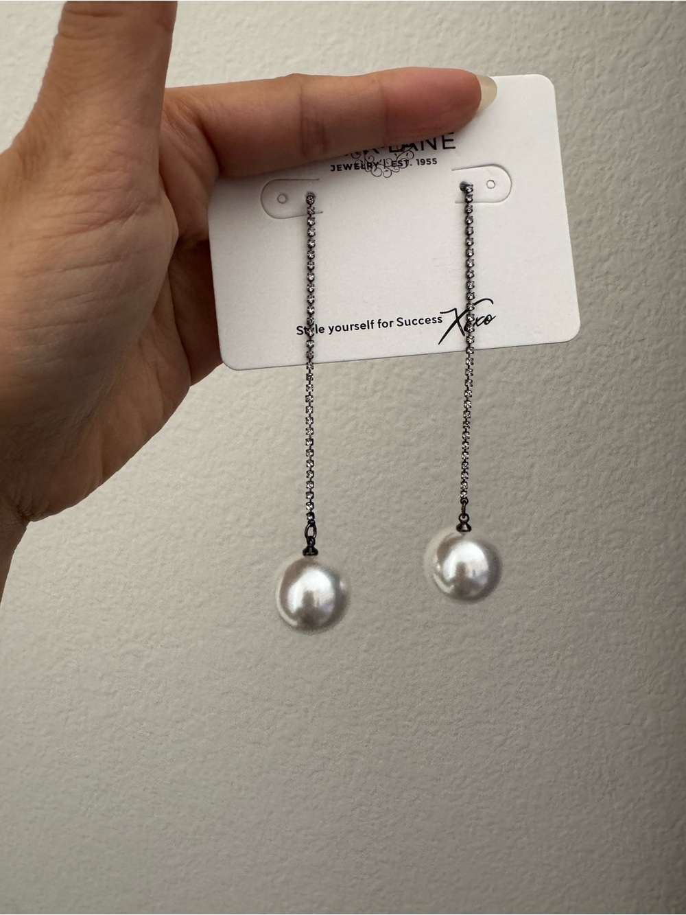 Pearl Drop Crystal Chain Earrings - Silver Tone